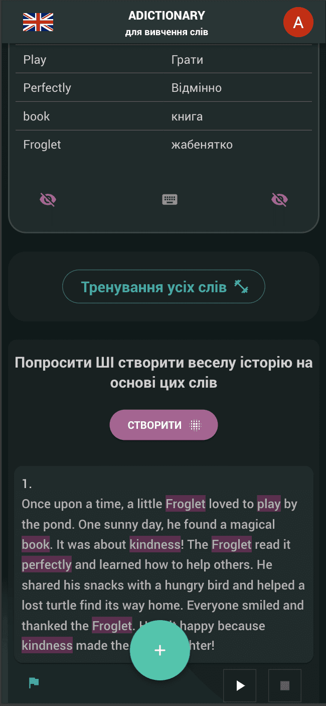 AI-текст для вивчення вивчення доданих у словник слів