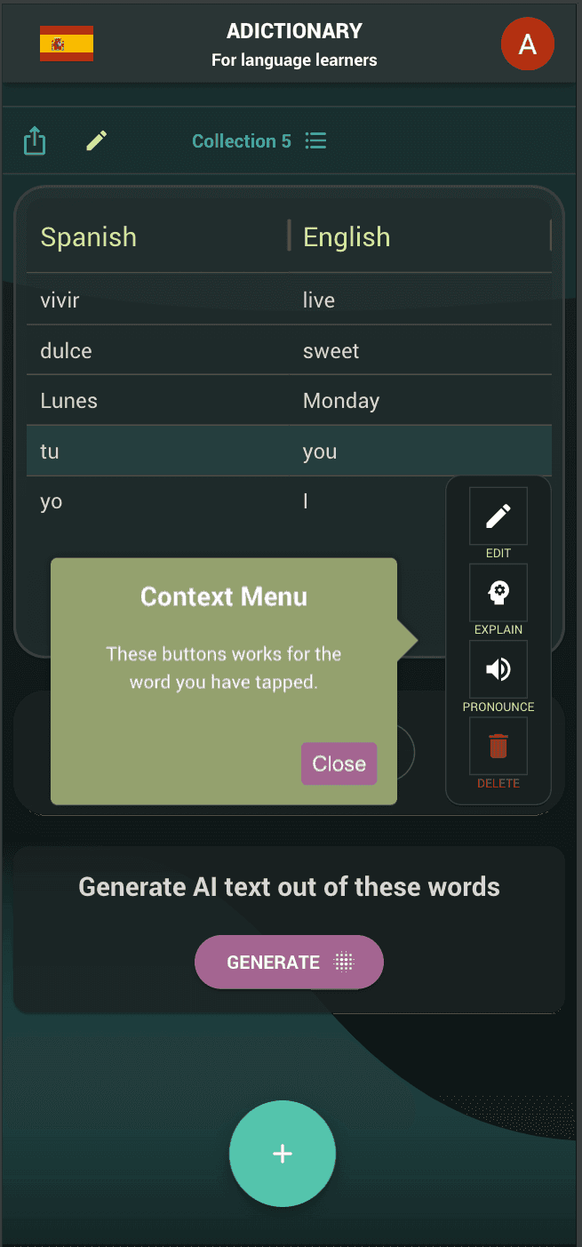 Context menu for newly added word in the dictionary