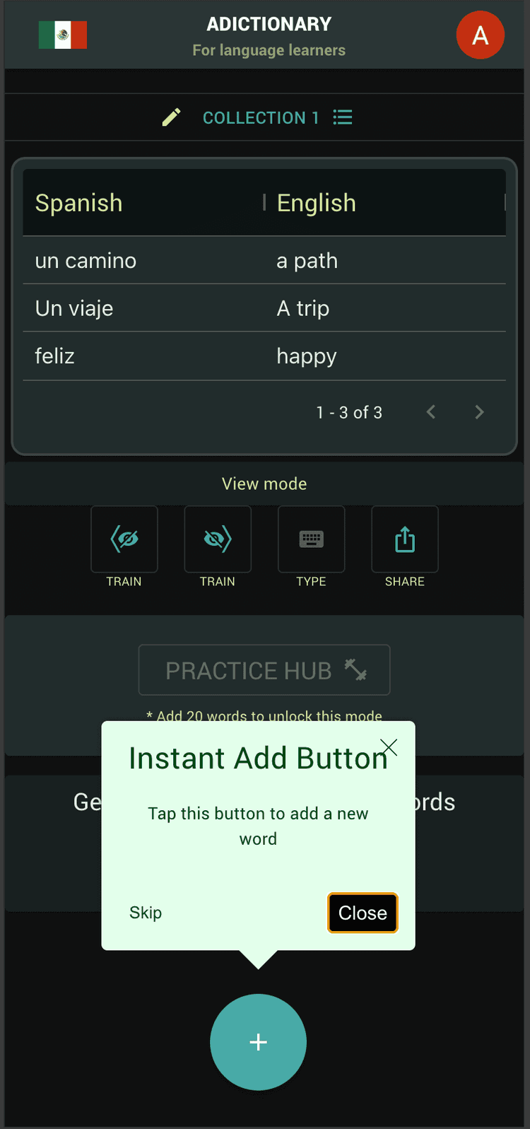 Instant add new word button