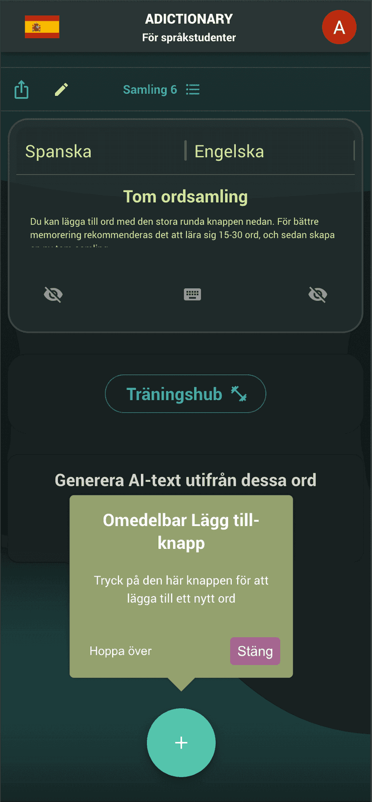 Lägg till nya ord med plus knappen
