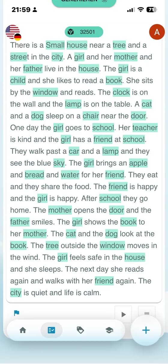 Raw app screenshot showing an AI-generated learning text