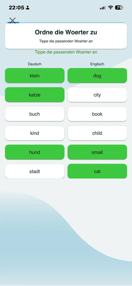 Raw app screenshot showing vocabulary quiz practice