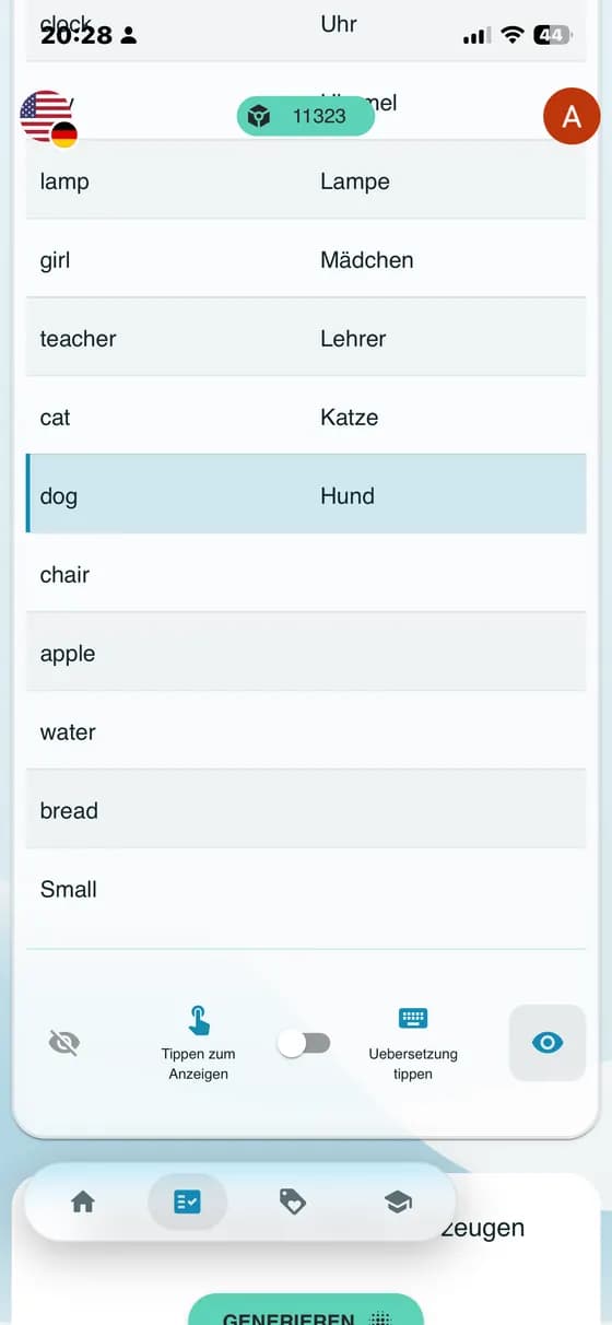 Raw app screenshot showing simple words memorization way