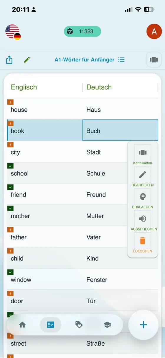 Raw app screenshot showing saved vocabulary words