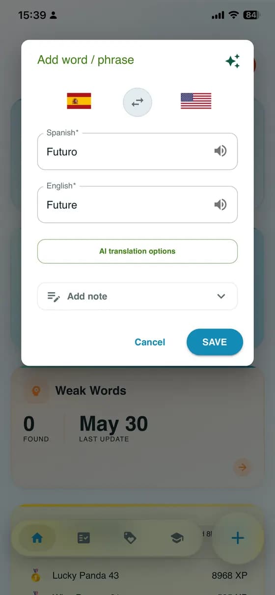 Raw app screenshot showing the add word form