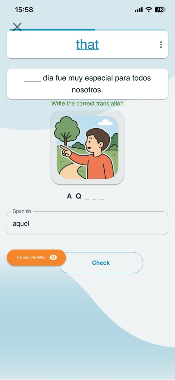 Raw app screenshot showing vocabulary quiz practice