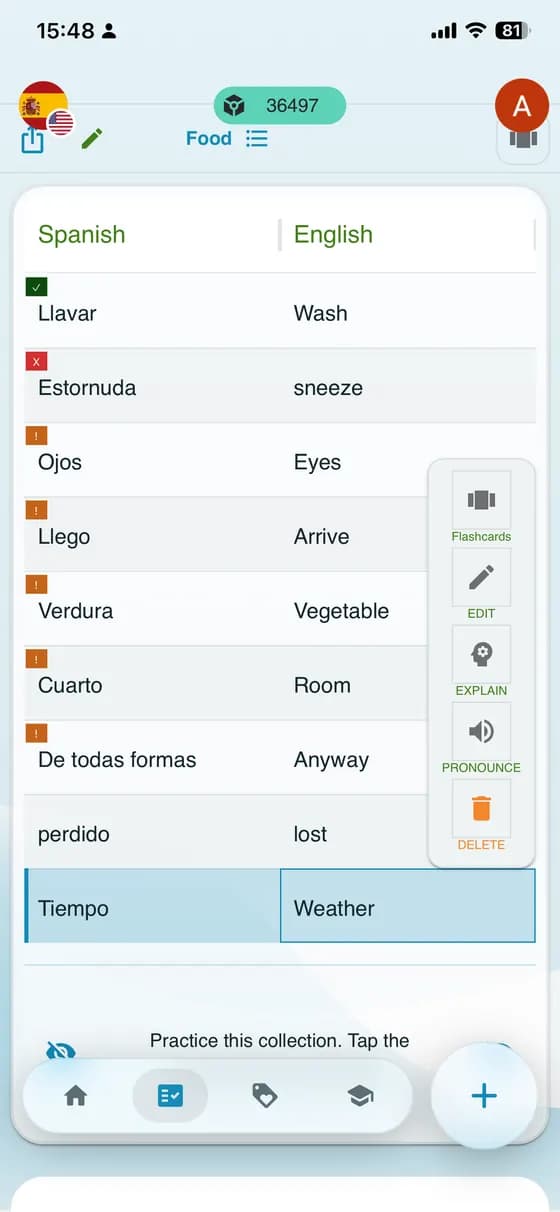 Raw app screenshot showing saved vocabulary words