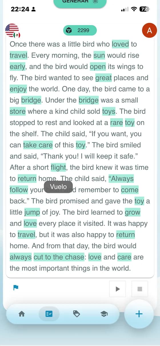 Raw app screenshot showing an AI-generated learning text