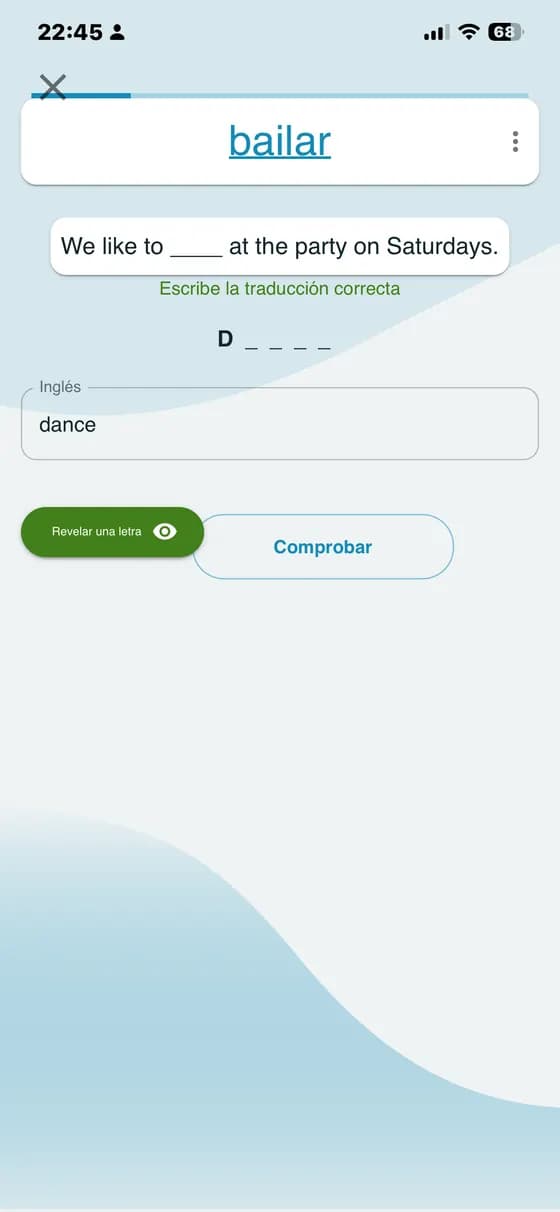 Raw app screenshot showing vocabulary quiz practice