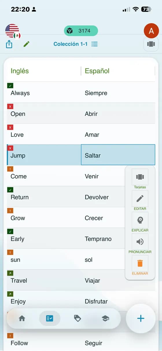 Raw app screenshot showing saved vocabulary words