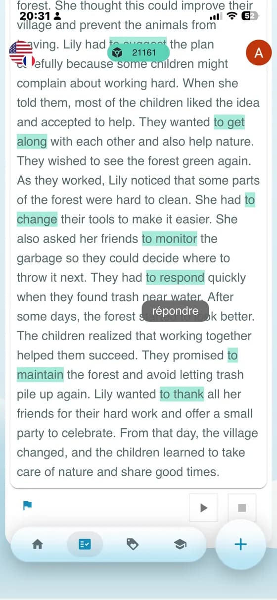 Raw app screenshot showing an AI-generated learning text