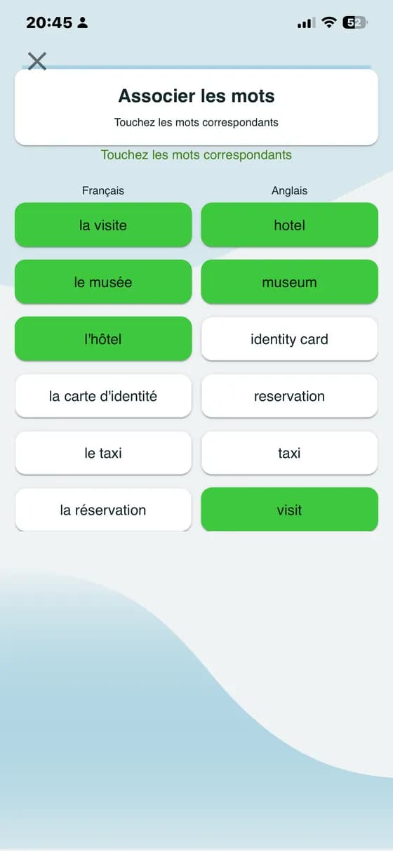 Raw app screenshot showing vocabulary quiz practice