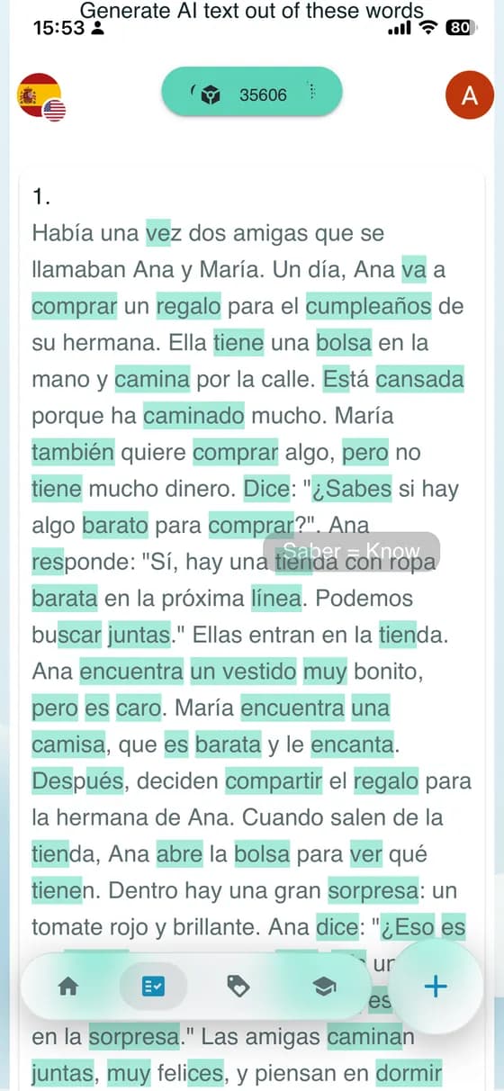 Raw app screenshot showing an AI-generated learning text