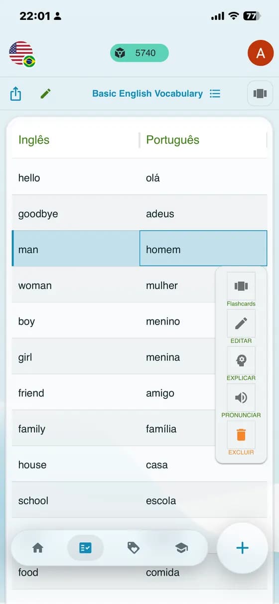 Raw app screenshot showing saved vocabulary words