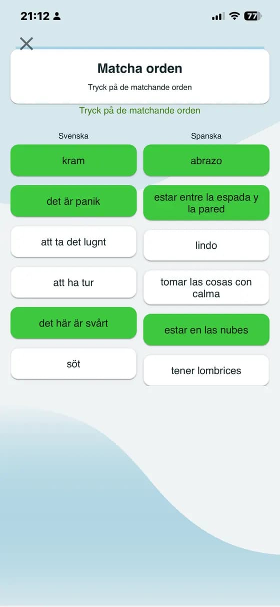 Raw app screenshot showing vocabulary quiz practice