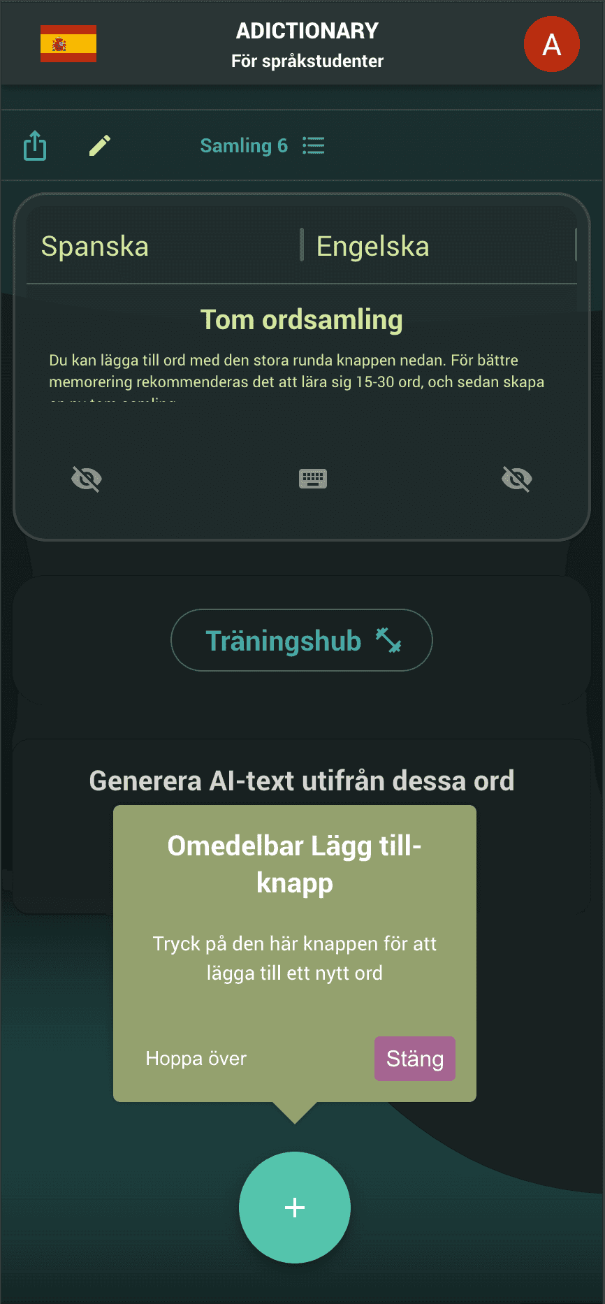 Lägg till nya ord med plus knappen
