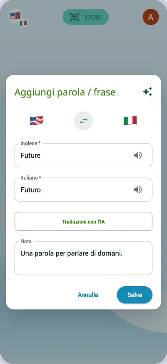 Aggiunta di una parola inglese e della sua traduzione con interfaccia italiana