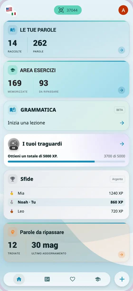 Panoramica in italiano delle raccolte, delle parole memorizzate e delle parole da ripassare