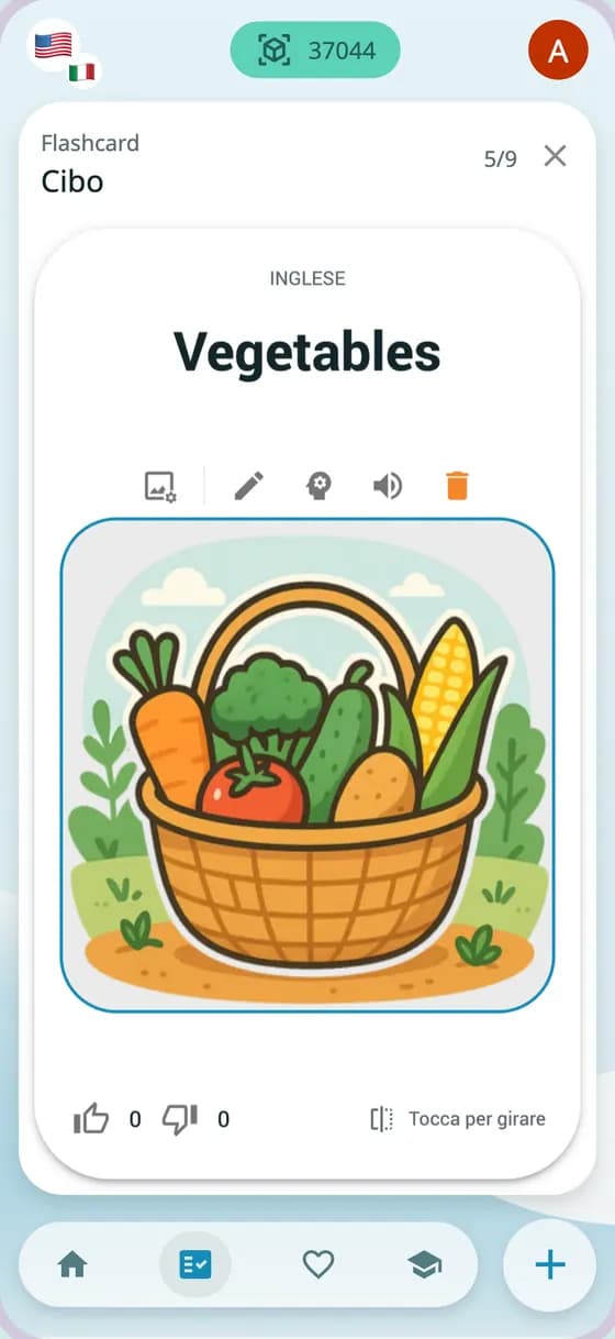 Flashcard illustrata con interfaccia italiana per imparare la parola inglese Vegetables
