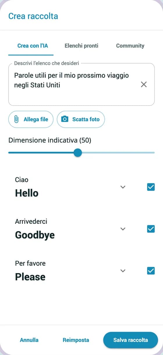 Creazione di una raccolta con l’IA e parole inglesi con traduzioni in italiano