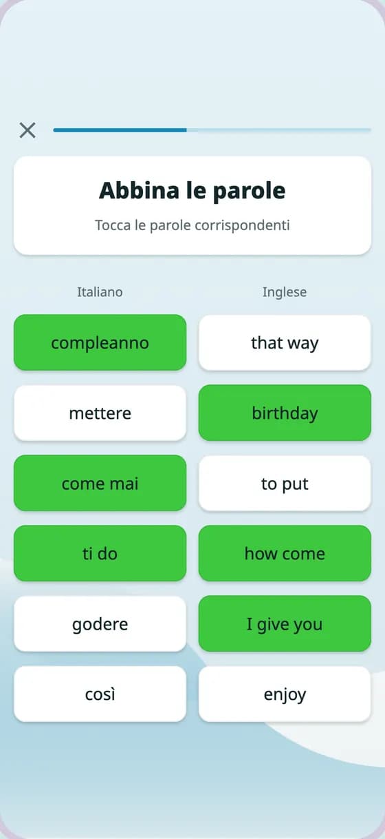 Quiz in italiano per abbinare le parole inglesi alle loro traduzioni