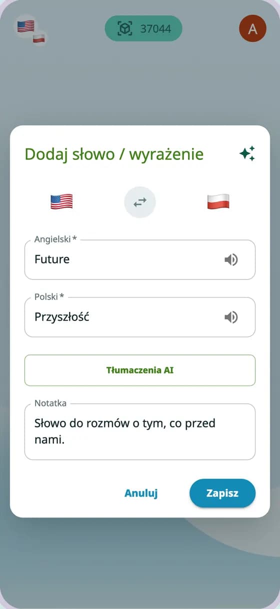Zrzut ekranu aplikacji z formularzem dodawania słowa
