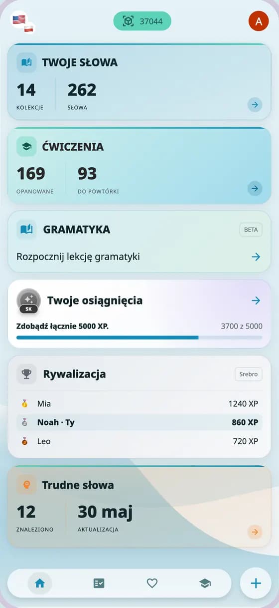 Panel A-Dictionary z postępami nauki, osiągnięciami i rywalizacją