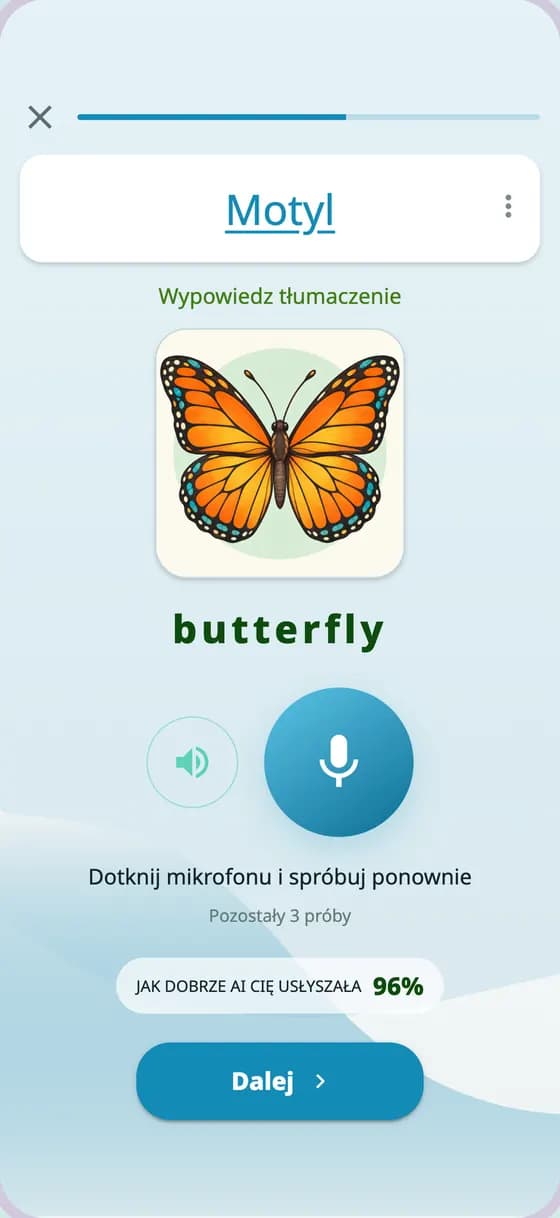 Ćwiczenie wymowy z wynikiem poprawności w A-Dictionary