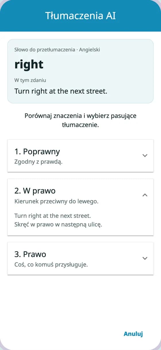 Opcje tłumaczenia AI w A-Dictionary