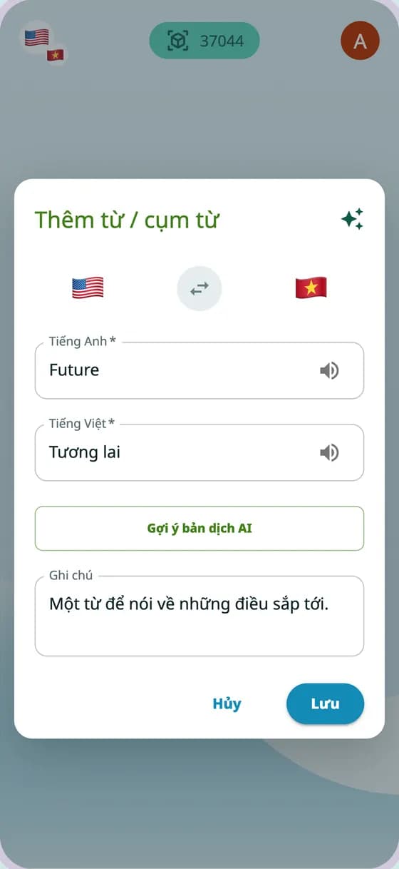 Ảnh chụp ứng dụng hiển thị biểu mẫu thêm từ