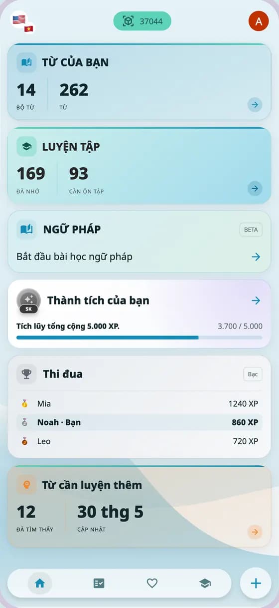 Bảng tổng quan A-Dictionary với tiến độ học, thành tích và thi đua