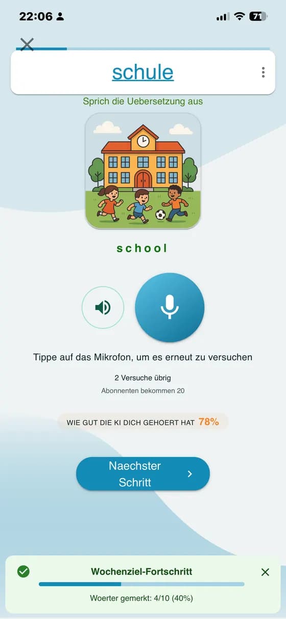 Ausspracheübung mit Rückmeldung und der Möglichkeit, es erneut zu versuchen, in A-Dictionary