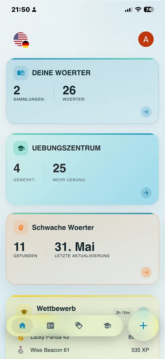 Übersicht über gemerkte Wörter und Wörter mit Übungsbedarf in A-Dictionary