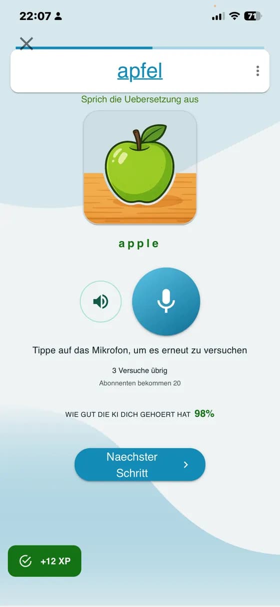 Ausspracheübung für das Wort apple mit Rückmeldung in A-Dictionary