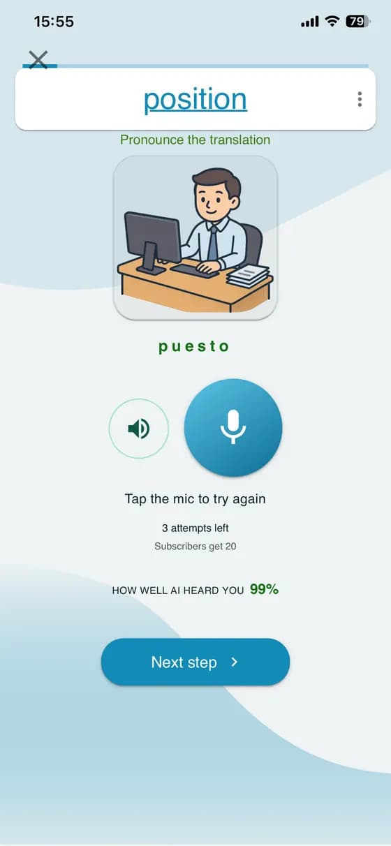 Pronunciation practice with answer feedback and a retry option in A-Dictionary