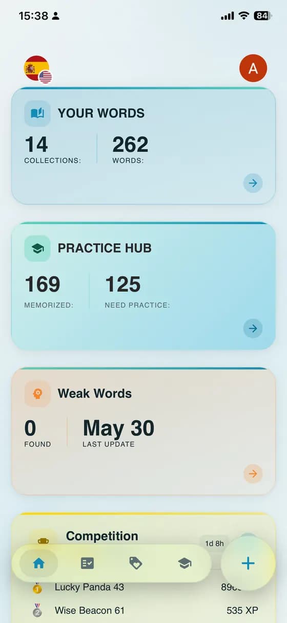 Vocabulary dashboard showing memorized words and words that need practice in A-Dictionary