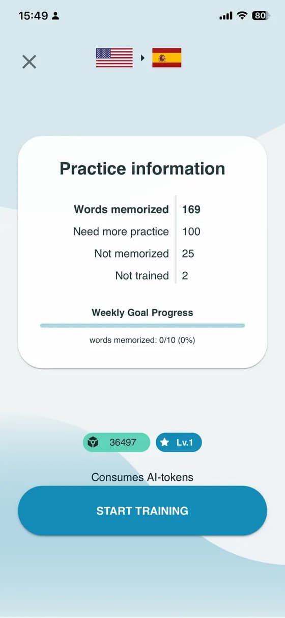 Practice information with word progress and the Start training button in A-Dictionary