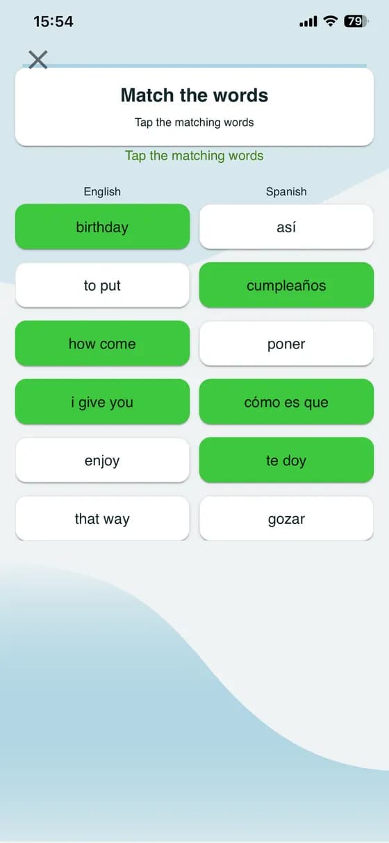 Matching words with their translations during vocabulary practice in A-Dictionary