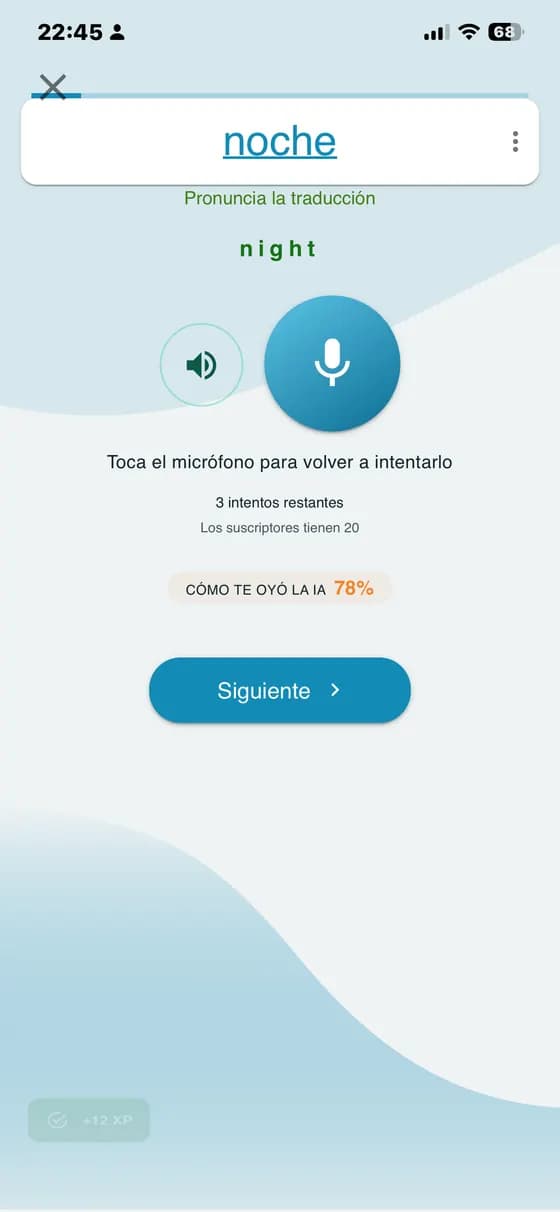 Práctica de pronunciación con evaluación de la respuesta y opción de reintentar en A-Dictionary