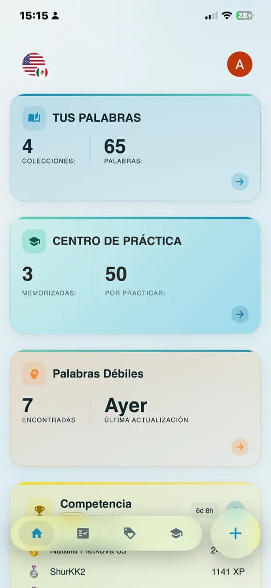 Panel con palabras memorizadas, palabras por practicar y palabras débiles en A-Dictionary