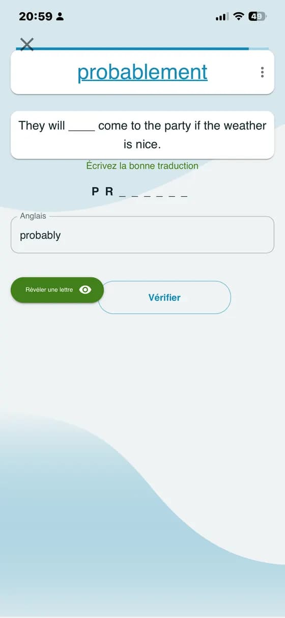 Exercice de vocabulaire à trou avec un indice de lettres dans A-Dictionary