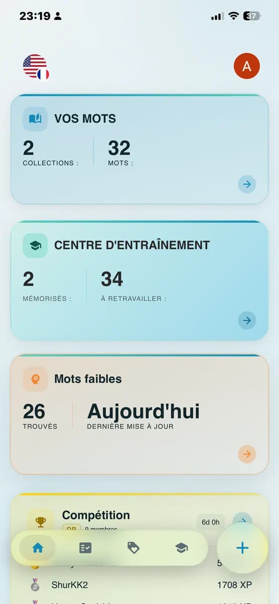Tableau de bord des mots mémorisés, des mots à retravailler et des mots difficiles dans A-Dictionary