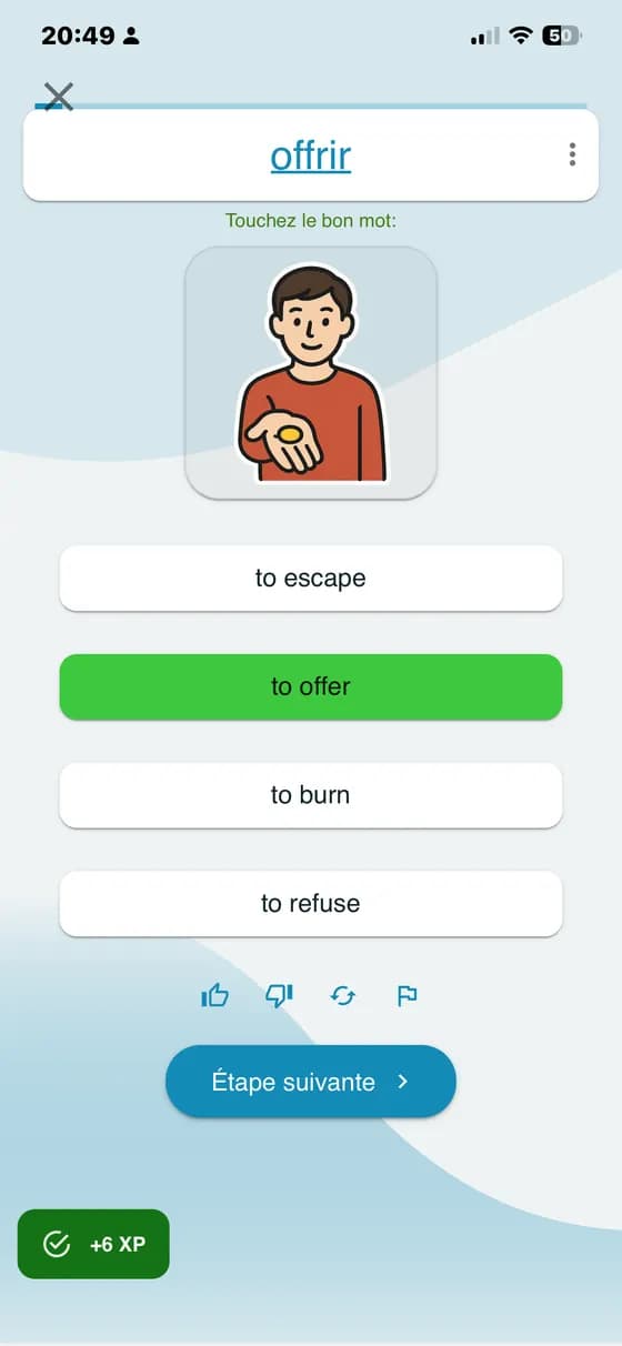 Exercice illustré pour choisir la traduction du mot offrir dans A-Dictionary