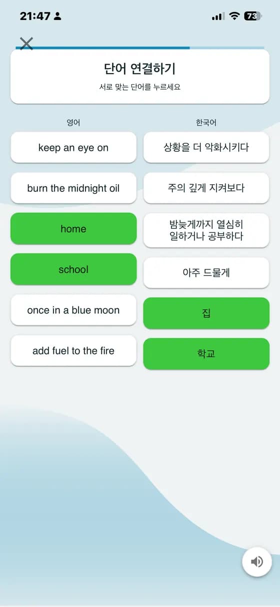 A-Dictionary에서 단어와 번역을 연결하는 연습