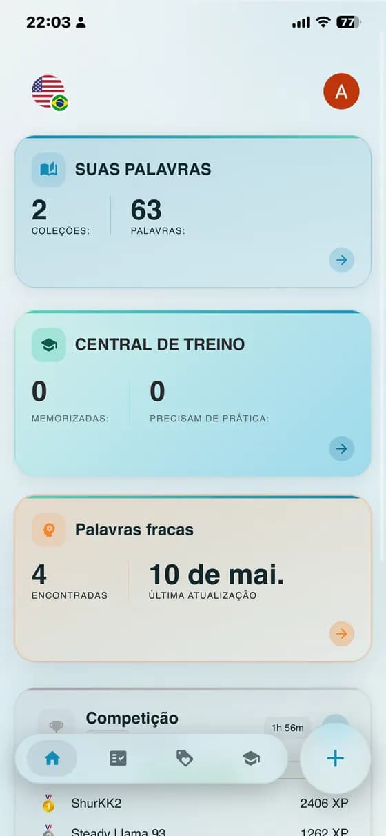 Painel com palavras memorizadas, palavras que precisam de prática e palavras difíceis no A-Dictionary