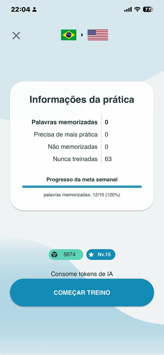 Informações da prática com o progresso das palavras e o botão para começar o treino no A-Dictionary