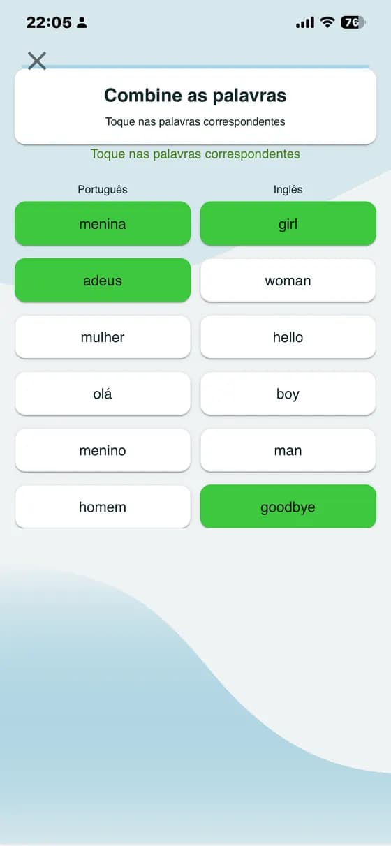 Exercício para combinar palavras com suas traduções no A-Dictionary