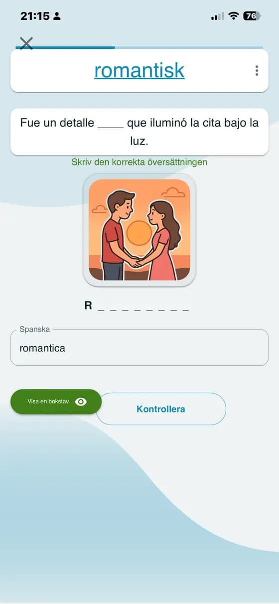 Ordförrådsövning med en lucka i en mening och en bokstavsledtråd i A-Dictionary