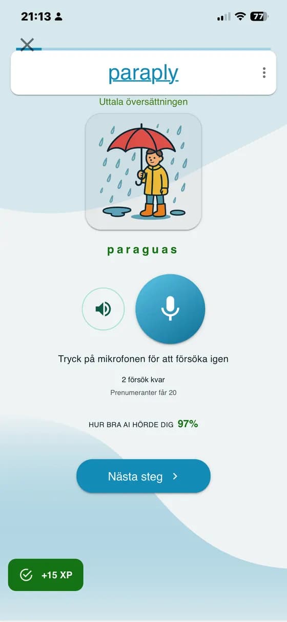 Uttalsövning med återkoppling och möjlighet att försöka igen i A-Dictionary