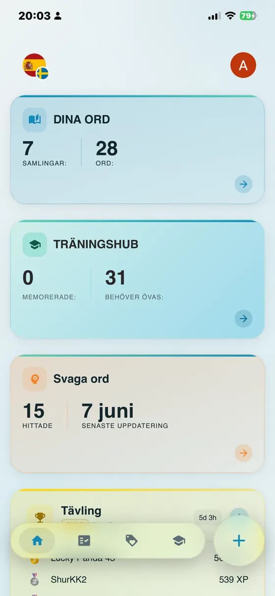 Översikt över memorerade ord, ord som behöver övas och svaga ord i A-Dictionary
